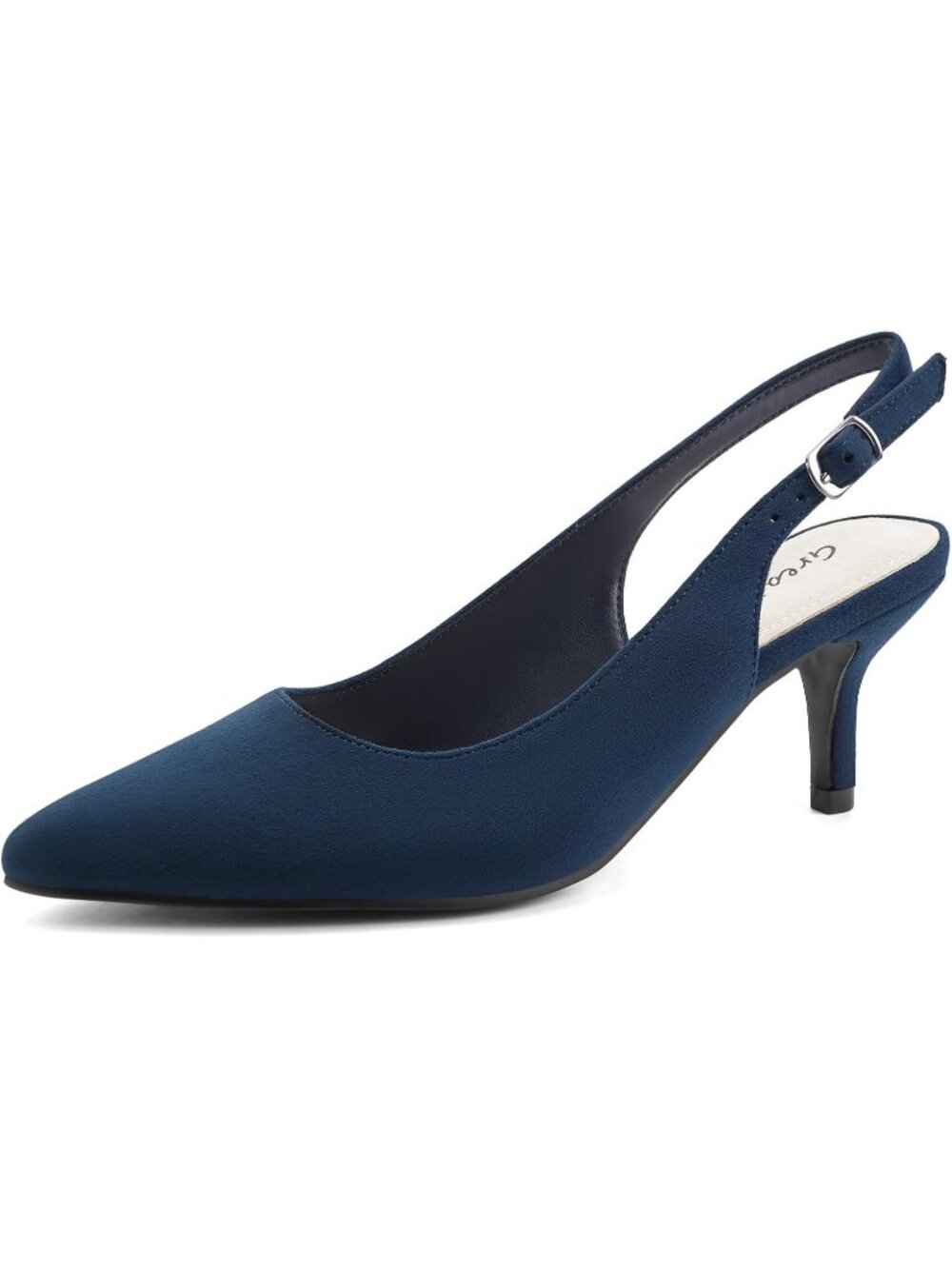 Women's Blue Suede Kitten Heels Pointed Toe Slingback Buckle Dress Pumps Shoes